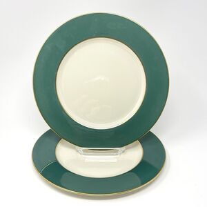 Vintage Lenox Green Gold Rim X305-262 DINNER PLATES 10.25” Set Of 2 Made In USA